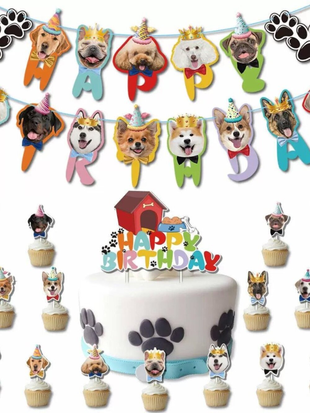 Dog Birthday Letter Banner & Cupcake Toppers Set – Pet Party Decorations